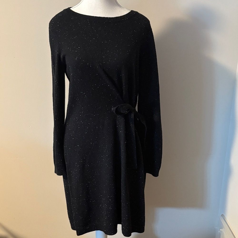 Talbots Black Midi Knit Side Tie Dress with White Specks. Size Large